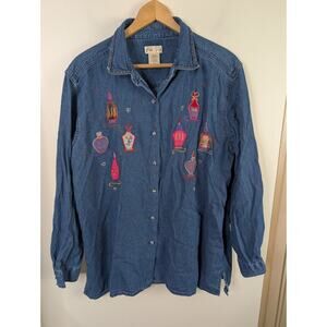 Bobbie Brooks XL Jean Shirt Embroidered Perfume Bottles Rhinestones Denim